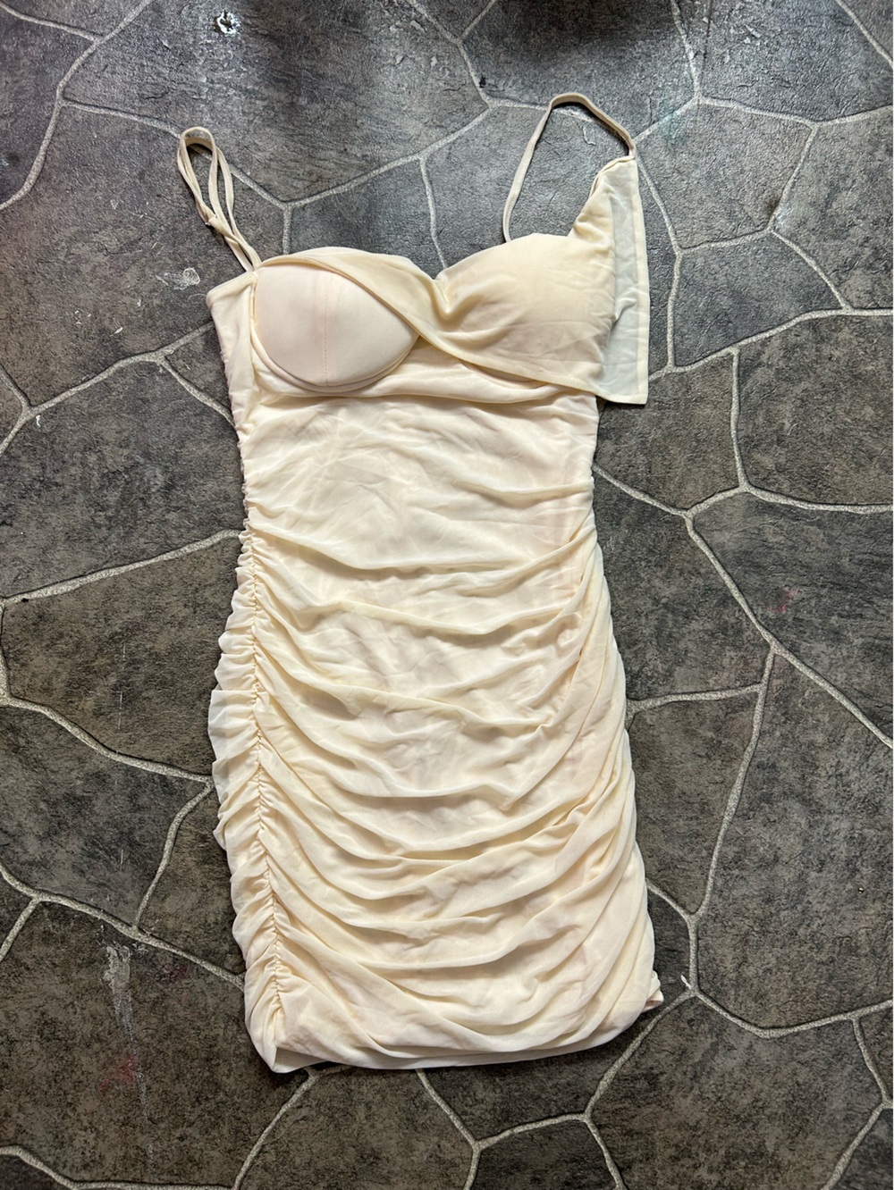 Strapless Cream Ruched Bandeau Dress with Built-In Cups